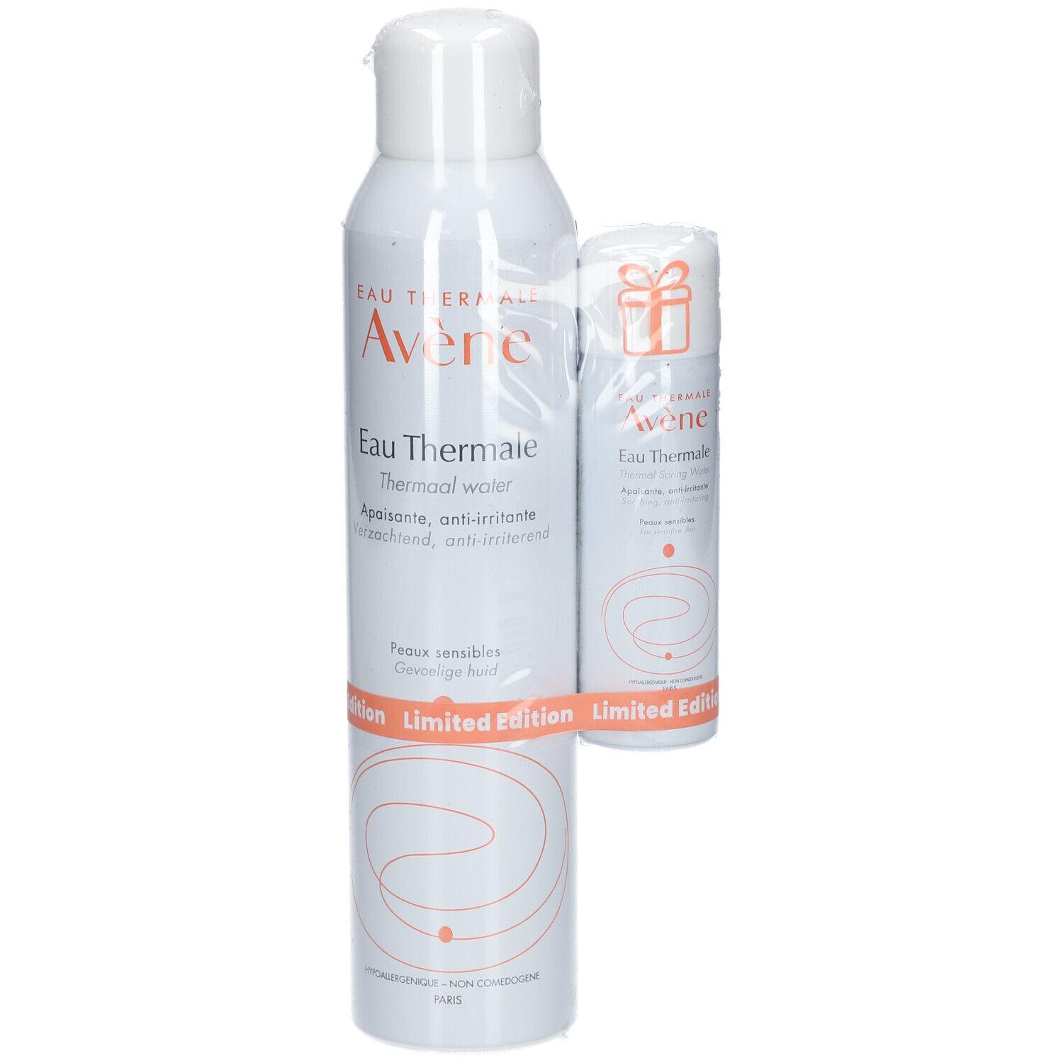 Twee witte sprays, Avène Eau Thermale, Limited Edition. Een grote en een kleine spray verpakt in folie.