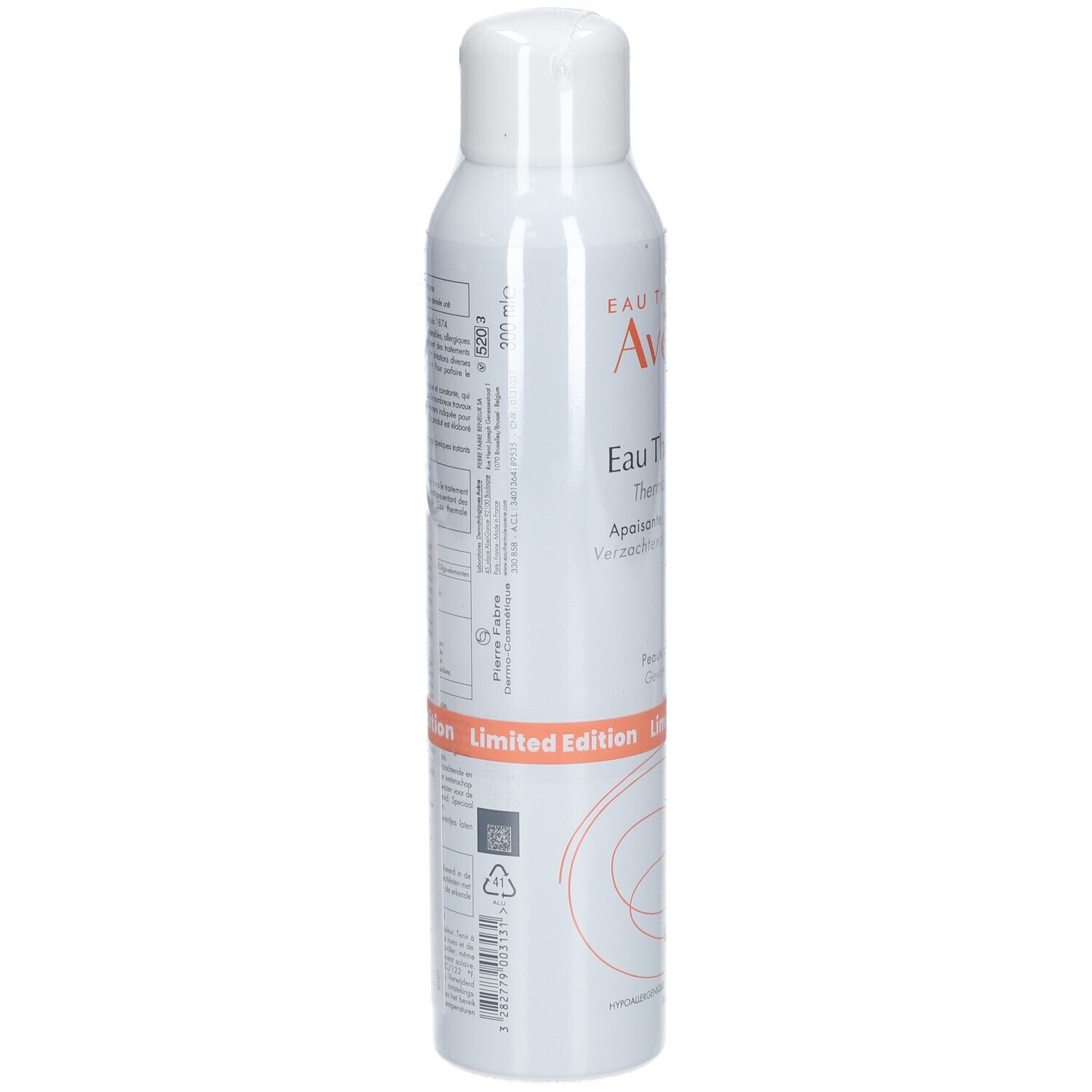 Witte spray, Avène Eau Thermale, Limited Edition. Bedrukking met productinformatie en logo. Oranje band.