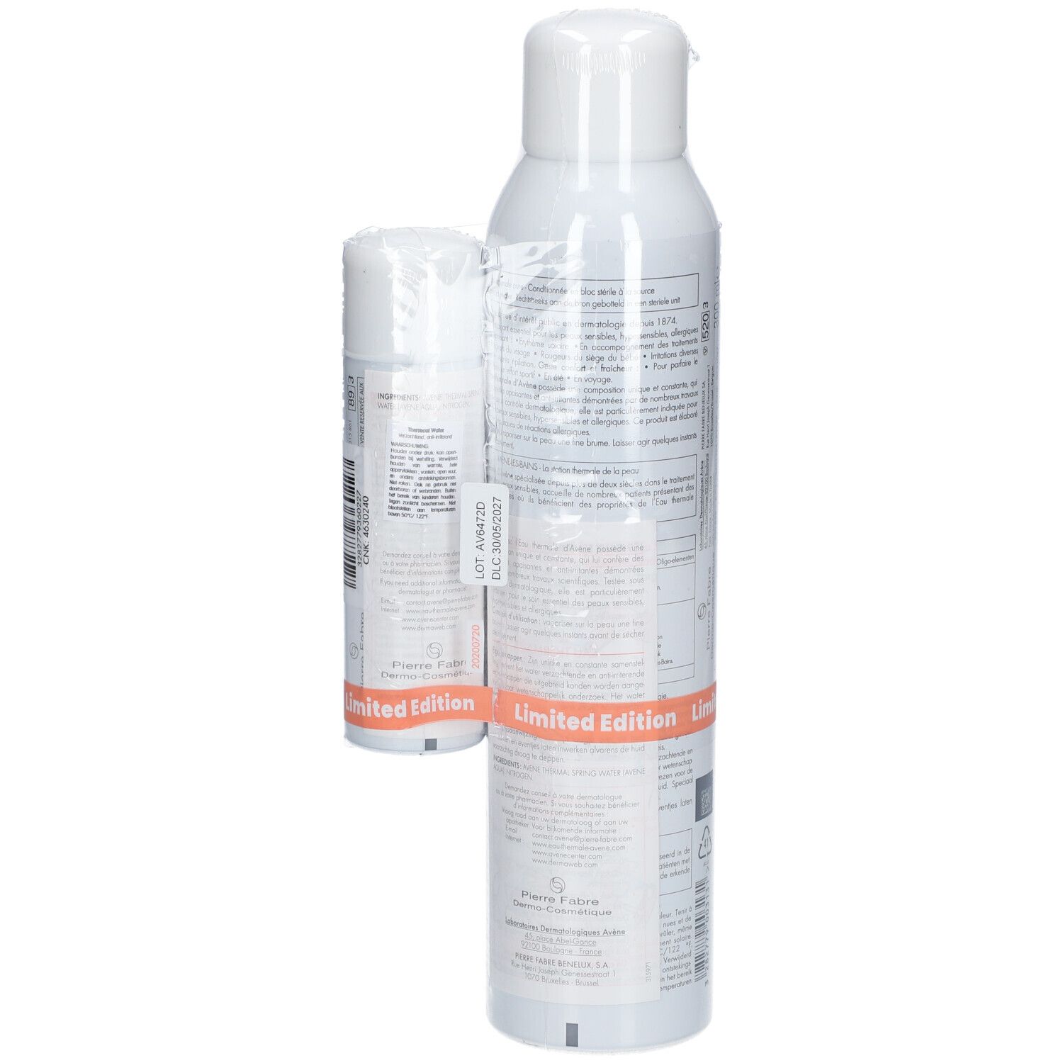 Twee witte sprays, Avène Eau Thermale, Limited Edition. Een grote en een kleine spray, verpakt in folie. Labels.