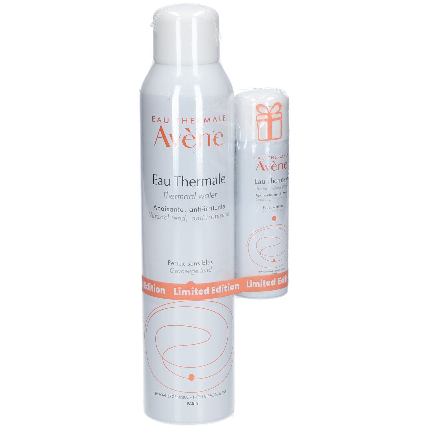Twee witte sprays, Avène Eau Thermale, Limited Edition. Een grote en een kleine spray, verpakt in folie.
