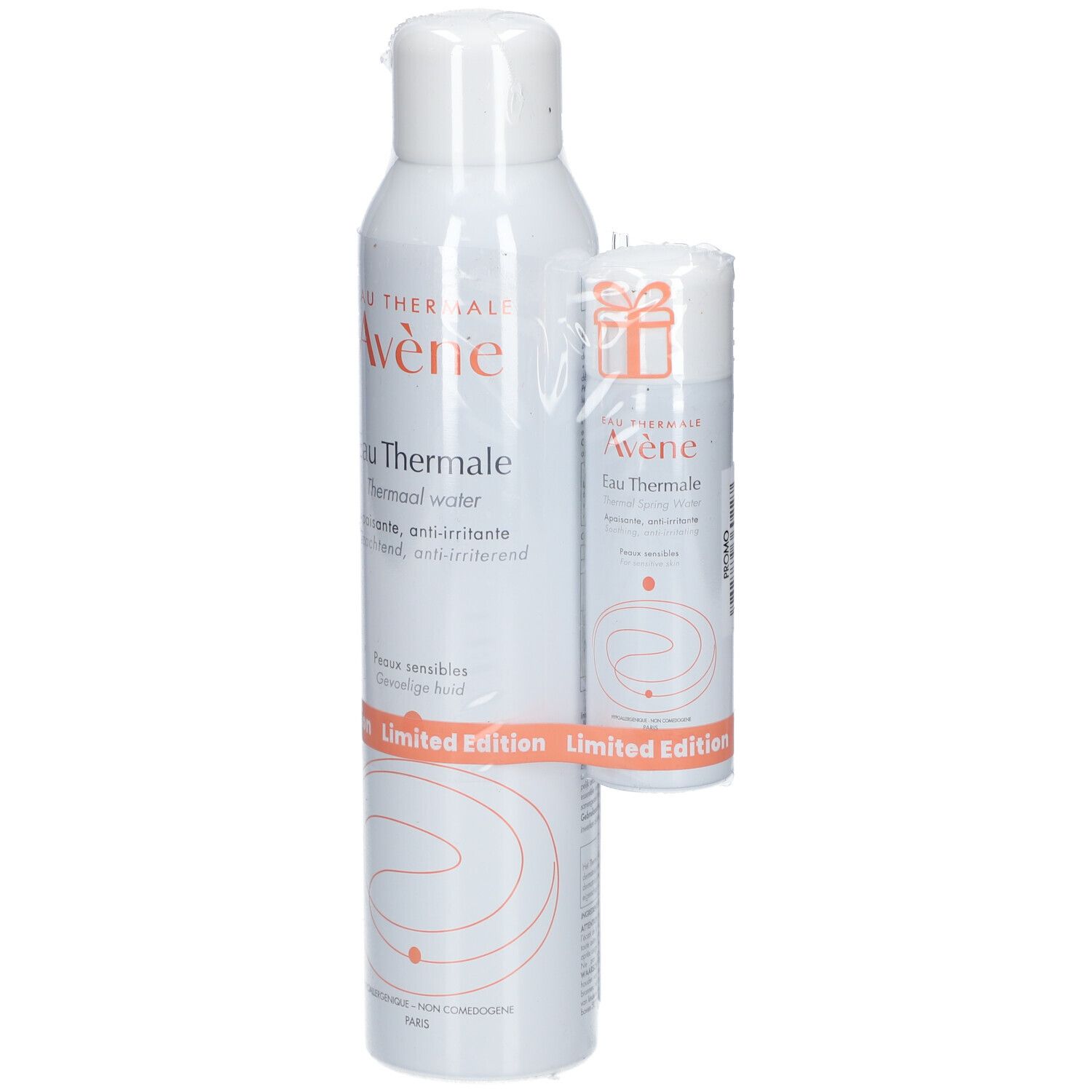 Twee witte sprays, Avène Eau Thermale, Limited Edition. Een grote en een kleine spray, verpakt in folie.