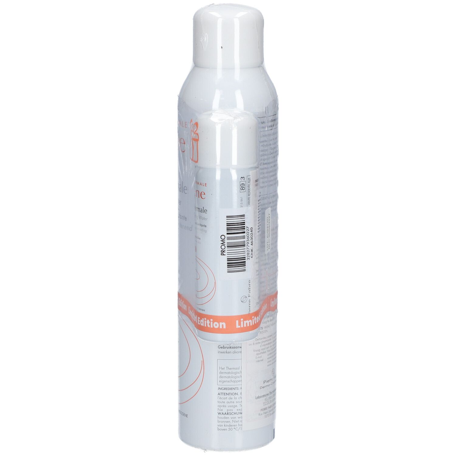 Twee witte sprays, Avène Eau Thermale, Limited Edition. Een grote en een kleine spray, verpakt in folie.