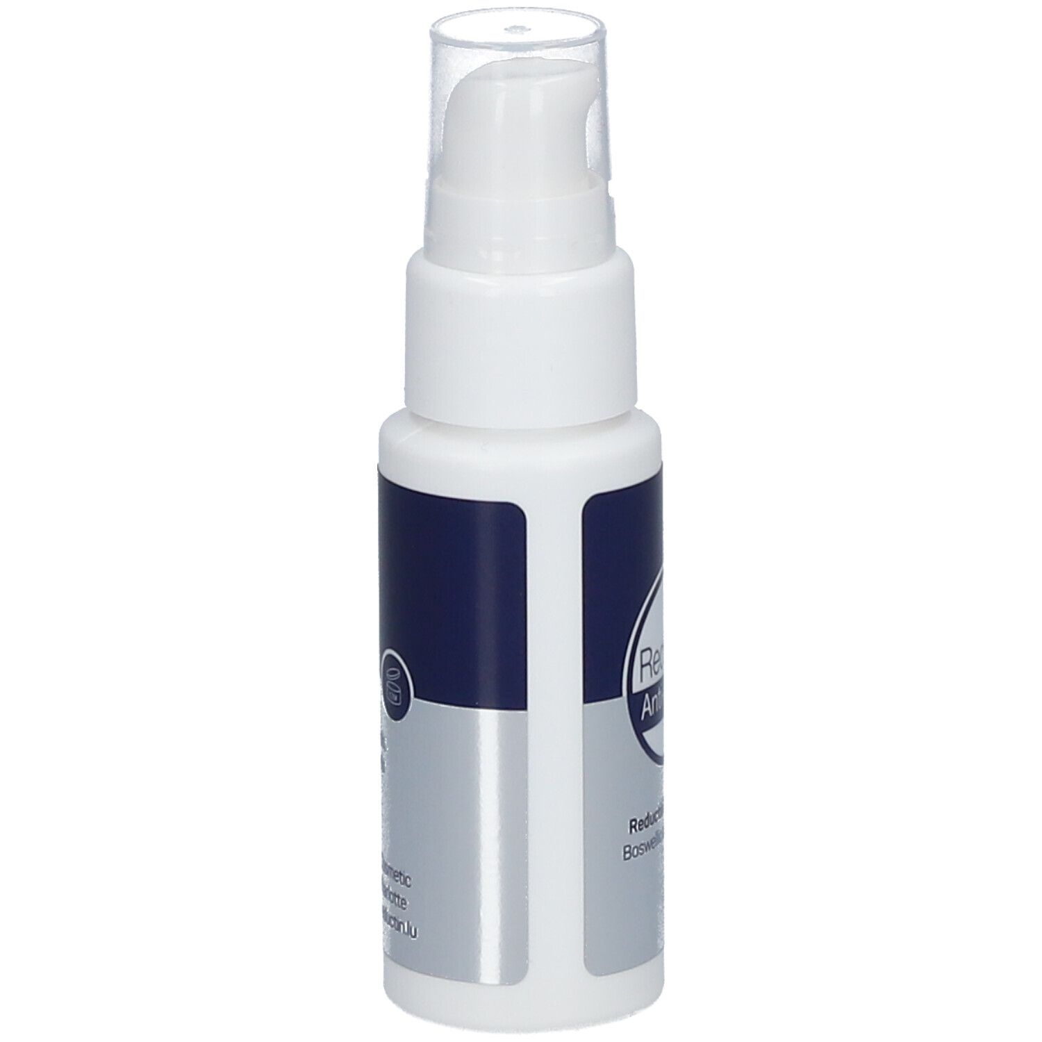 Flacon blanc avec étiquette bleue. Inscription: Reductin Anti-aging. Avec tête de distributeur.