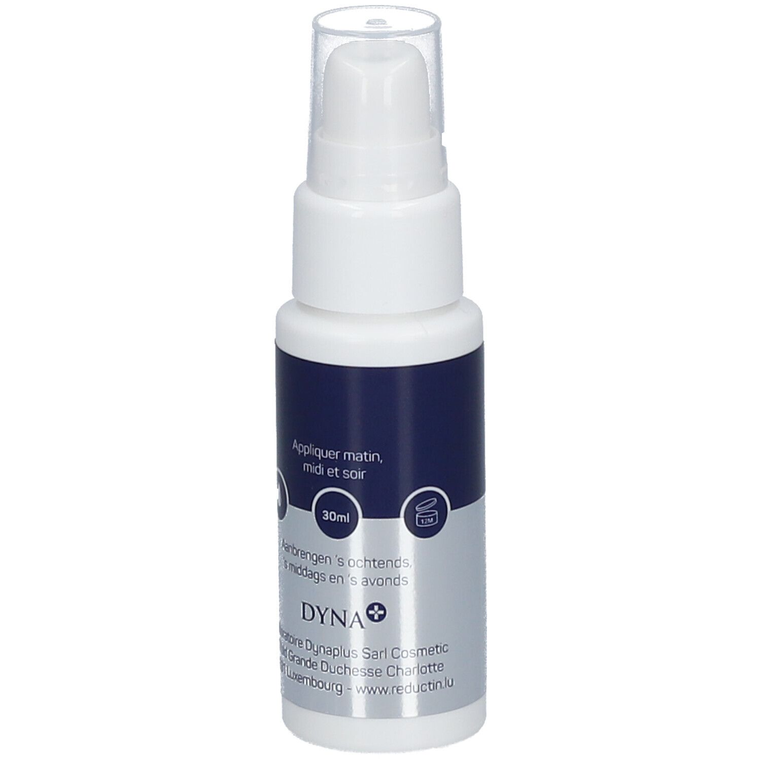 Flacon blanc avec étiquette bleue. Inscription: DYNA+. Avec tête de distributeur. Texte: 30ml.