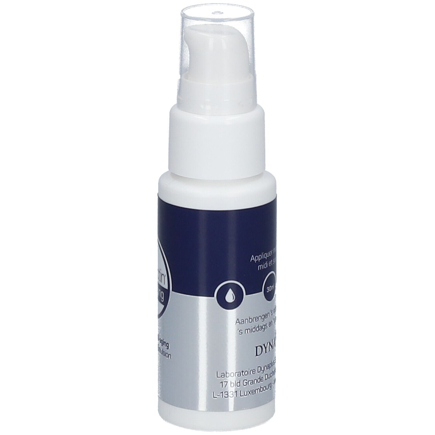 Flacon blanc avec étiquette bleue. Inscription: DYNA+. Avec tête de distributeur. Texte: 30ml.