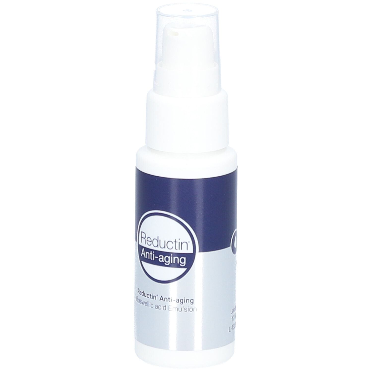 Flacon blanc avec étiquette bleue. Inscription: Reductin Anti-aging. Avec tête de distributeur.