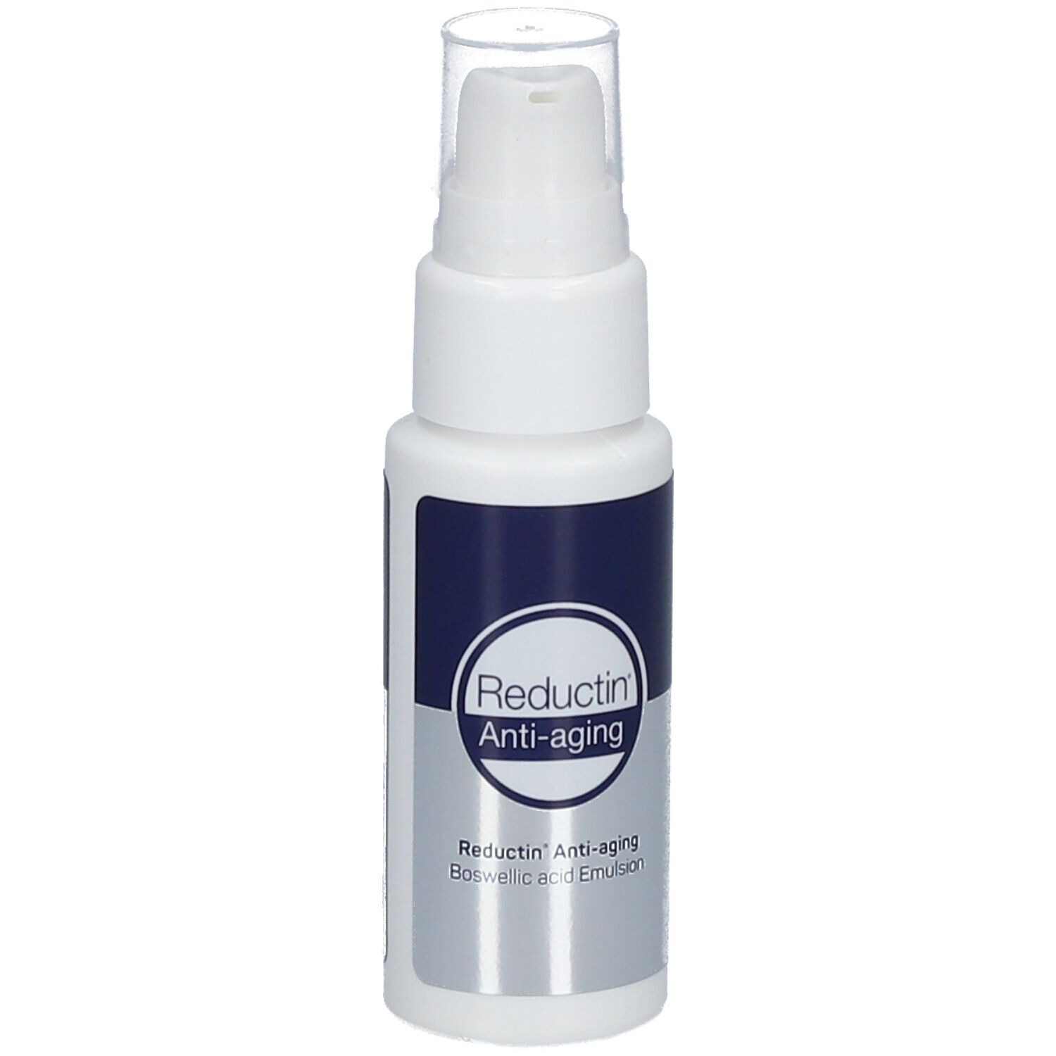 Flacon blanc avec étiquette bleue. Inscription: Reductin Anti-aging. Avec tête de distributeur.
