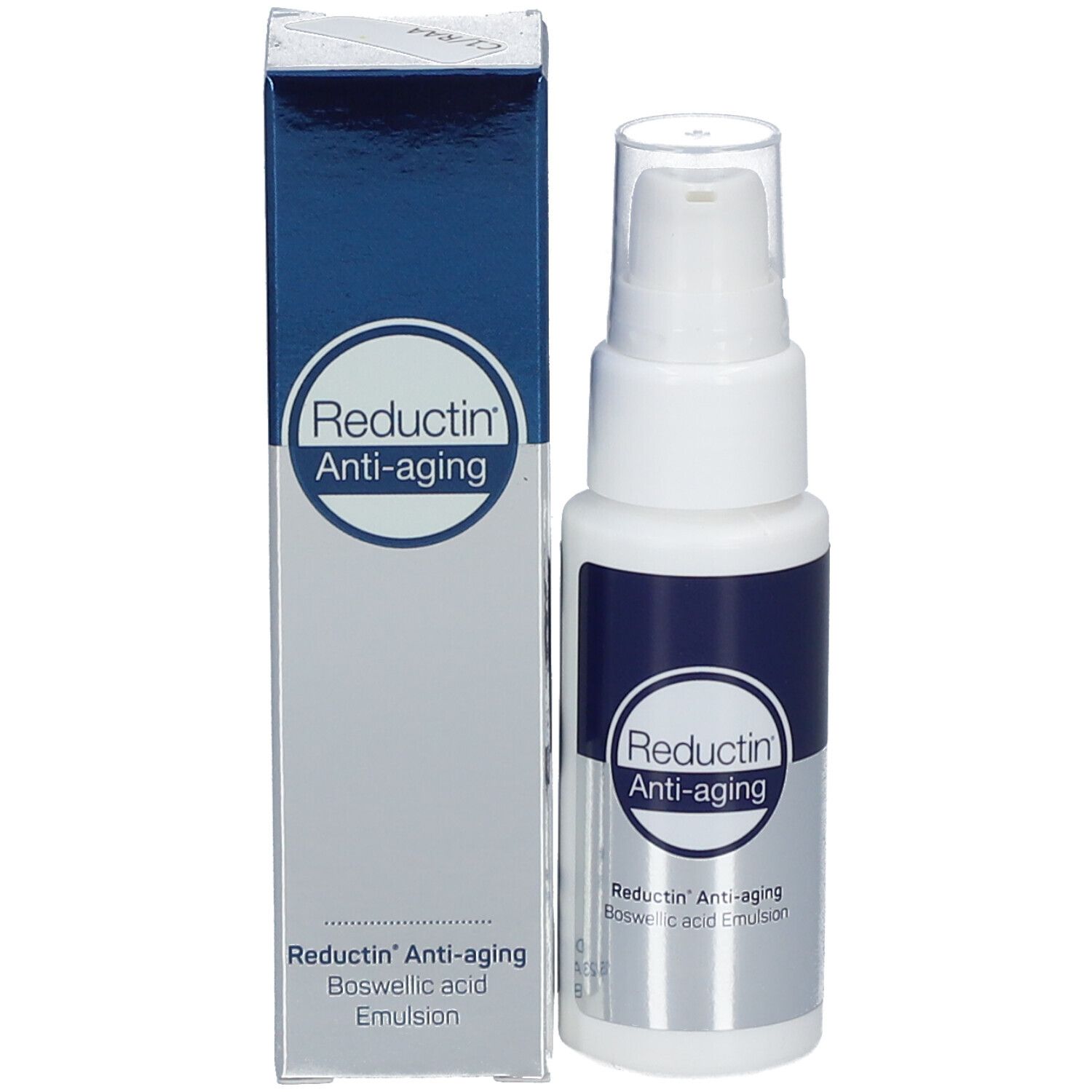 Flacon et emballage du produit. Inscription: Reductin Anti-aging. Avec tête de distributeur.