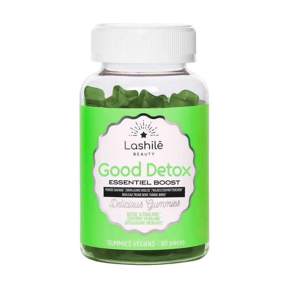 Flacon avec gummies verts. Inscription : Good Detox, Essentiel Boost. Bouchon blanc. Étiquette verte. 60 pièces.