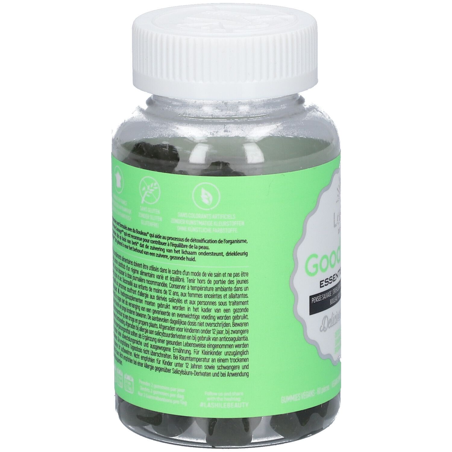 Dos du flacon avec texte. Étiquette verte. Bouchon blanc. Flacon transparent avec gummies verts.