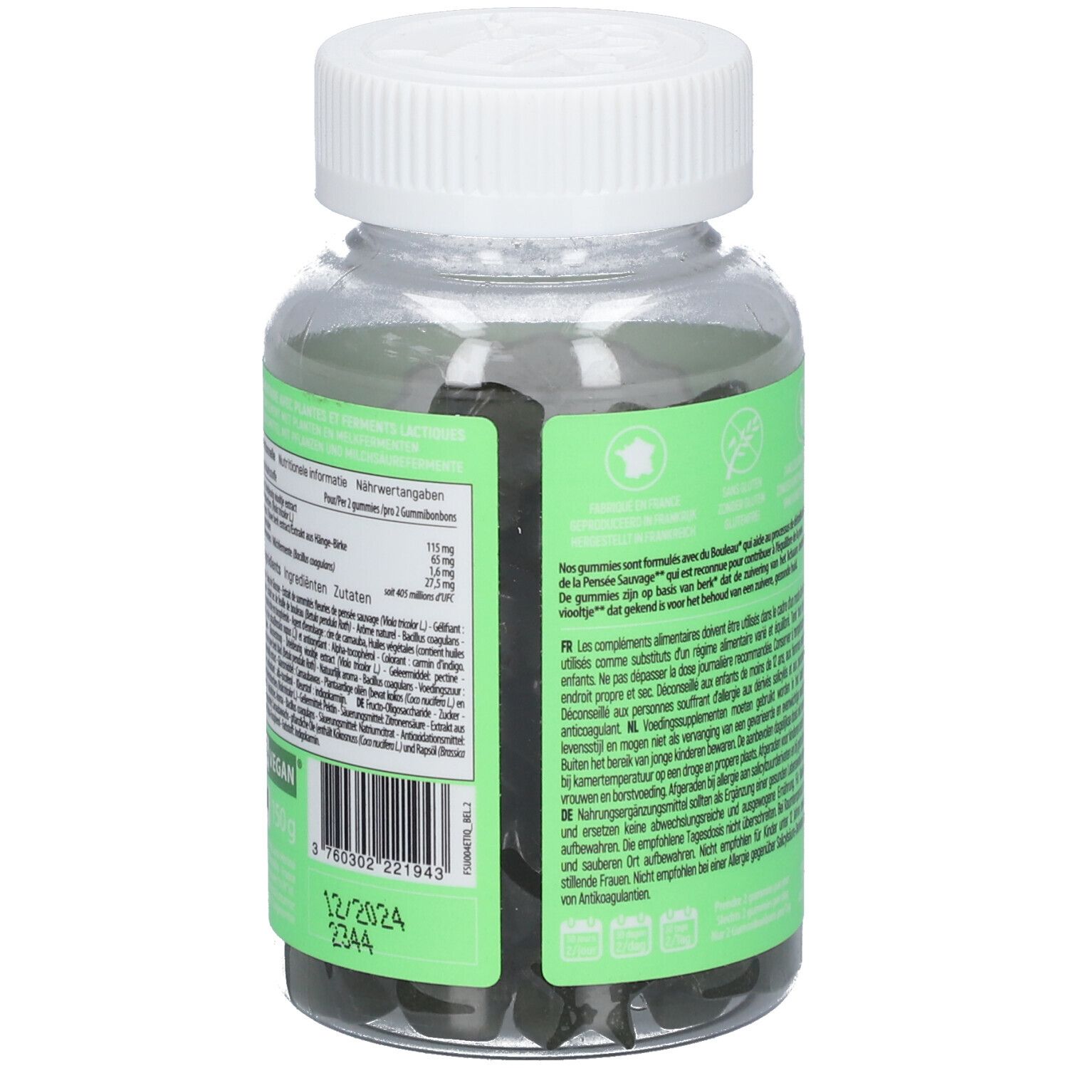 Dos du flacon avec texte et informations nutritionnelles. Étiquette verte. Bouchon blanc. Gummies.
