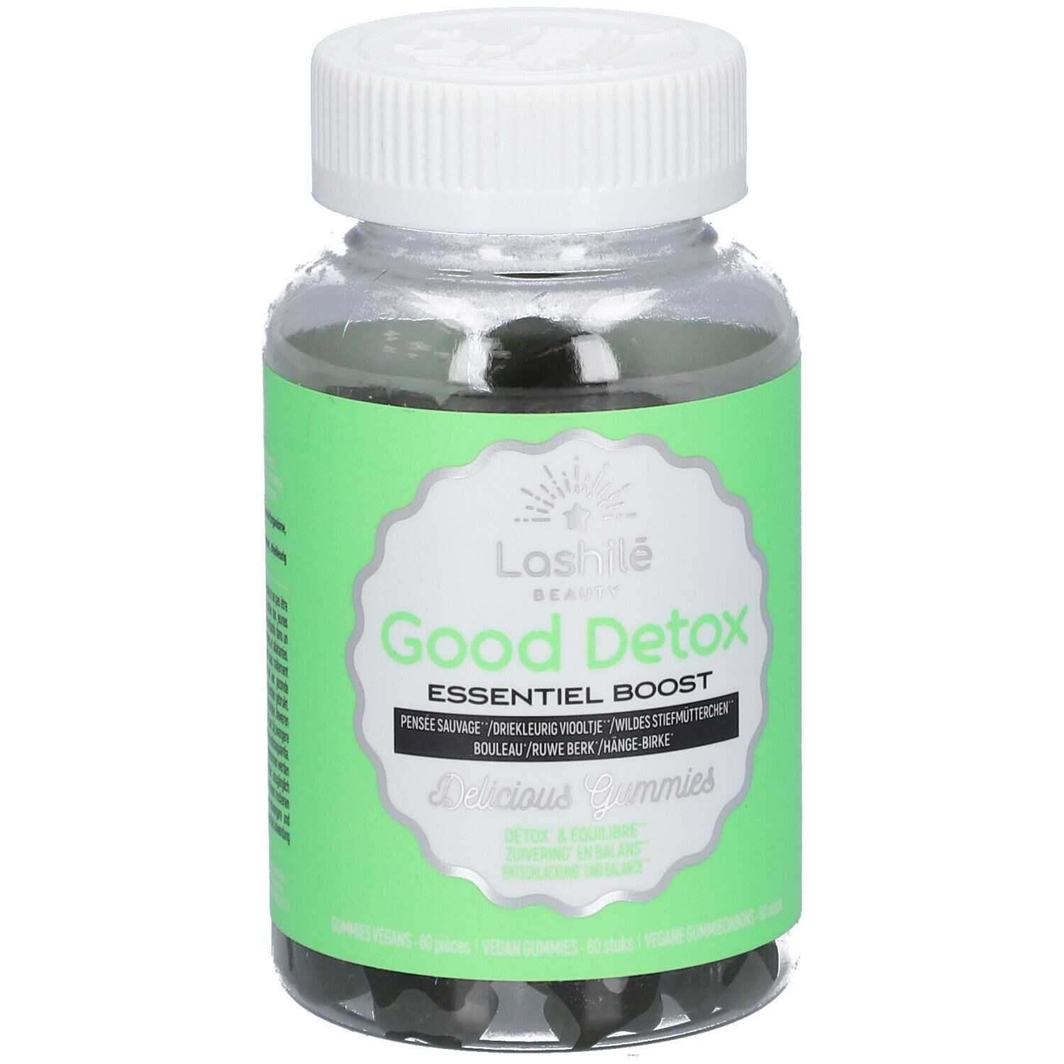 Flacon transparent avec gummies verts. Inscription : Good Detox, Essentiel Boost. Bouchon blanc. Étiquette verte.