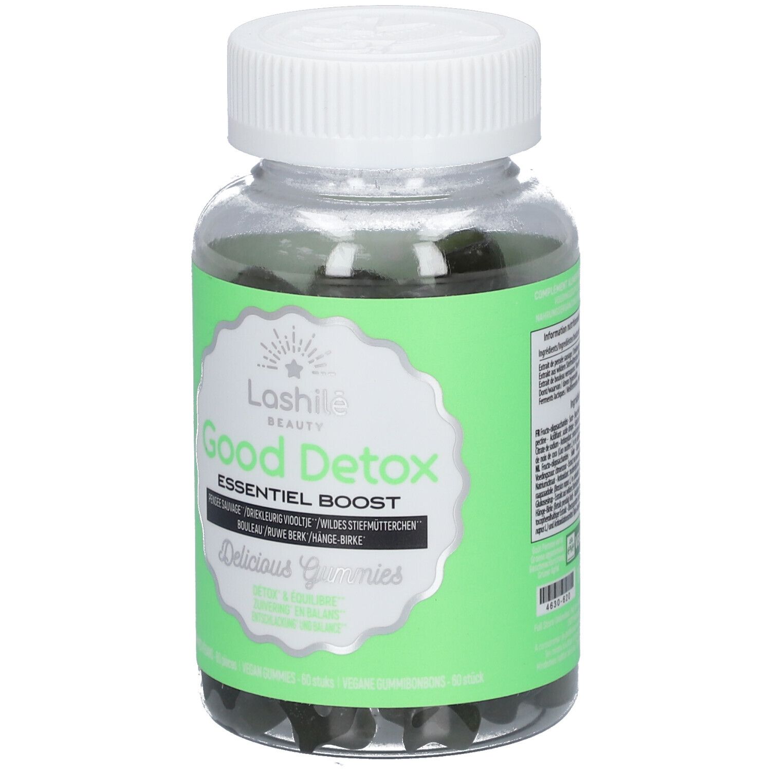 Flacon transparent avec gummies verts. Inscription : Good Detox, Essentiel Boost. Bouchon blanc. Étiquette verte.