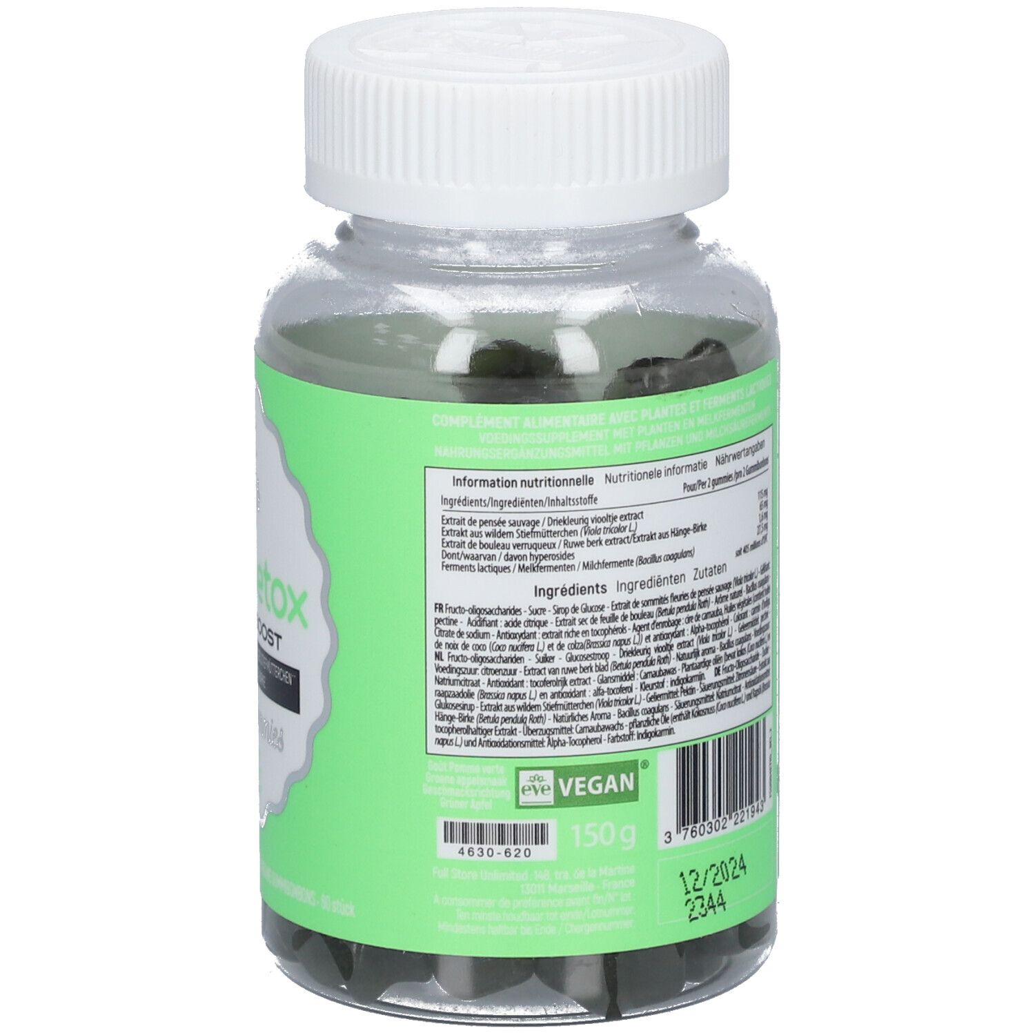 Dos du flacon avec texte et informations nutritionnelles. Étiquette verte. Bouchon blanc. Gummies.