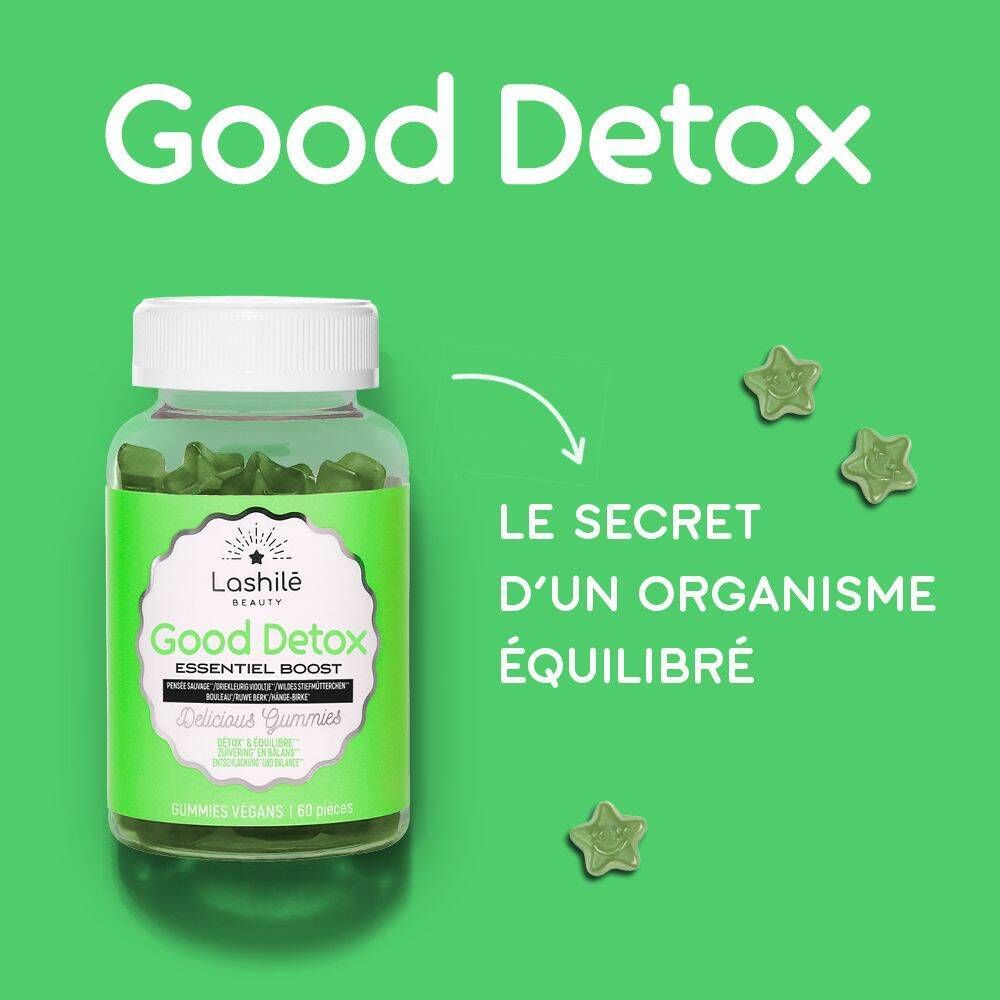 Flacon avec gummies verts. Inscription : Good Detox. Gummies étoiles. Fond vert.