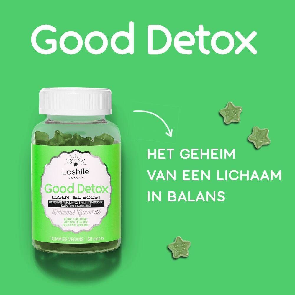 Fles met groene gummies. Opschrift: Good Detox. Stervormige gummies. Groene achtergrond.