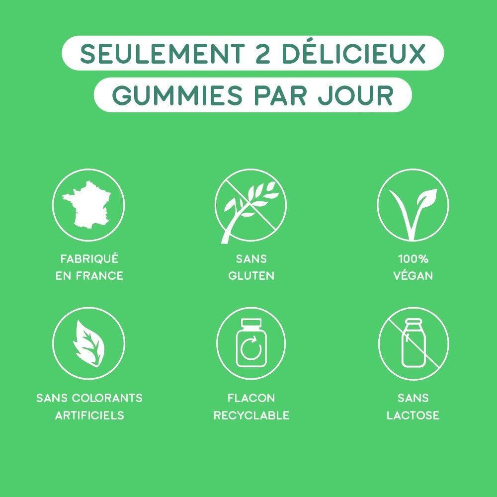 Graphique avec symboles : Fabriqué en France, sans gluten, vegan, sans colorants artificiels, flacon recyclable, sans lactose.
