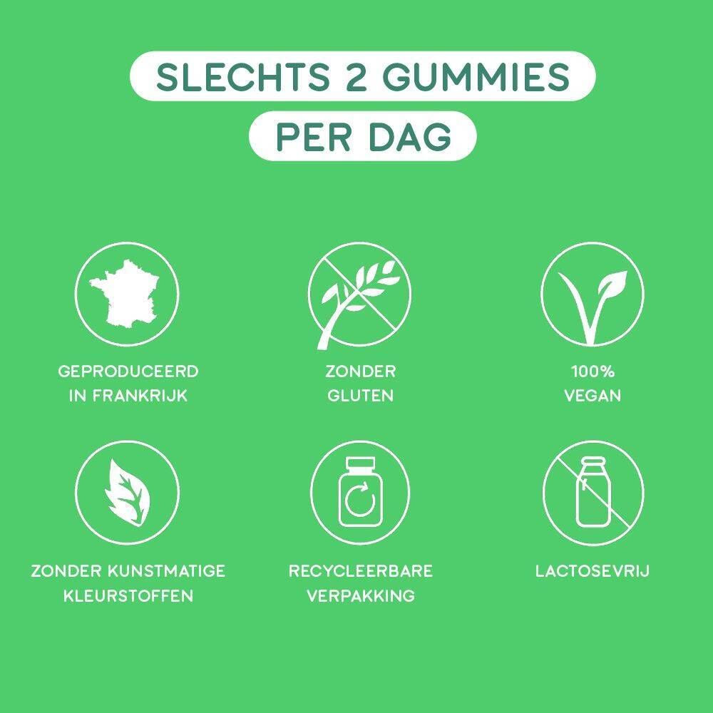 Afbeelding met symbolen: Geproduceerd in Frankrijk, glutenvrij, veganistisch, zonder kunstmatige kleurstoffen, recyclebare fles, lactosevrij.