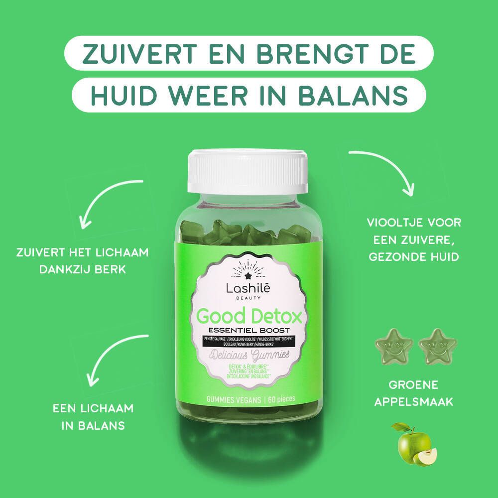 Fles met groene gummies. Opschrift: Good Detox. Stervormige gummies. Groene achtergrond.