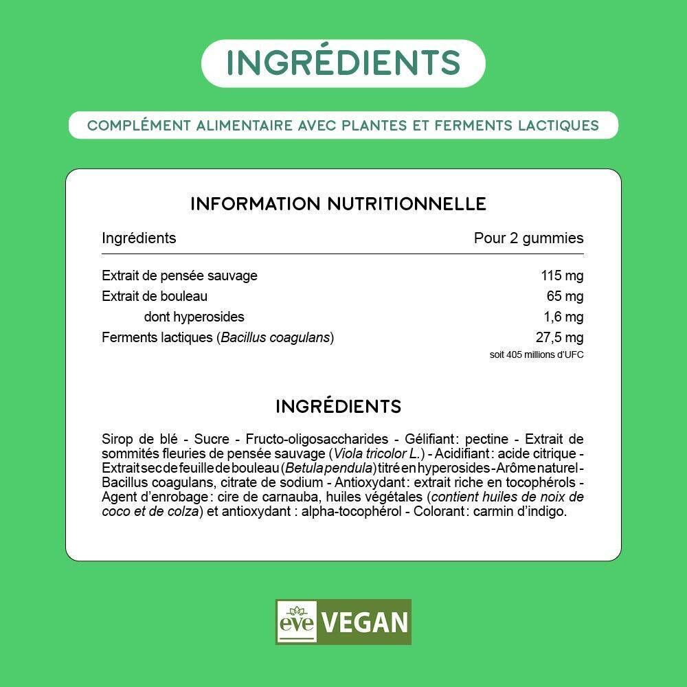 Graphique avec ingrédients et informations nutritionnelles. Fond vert. Logo Eve Vegan.