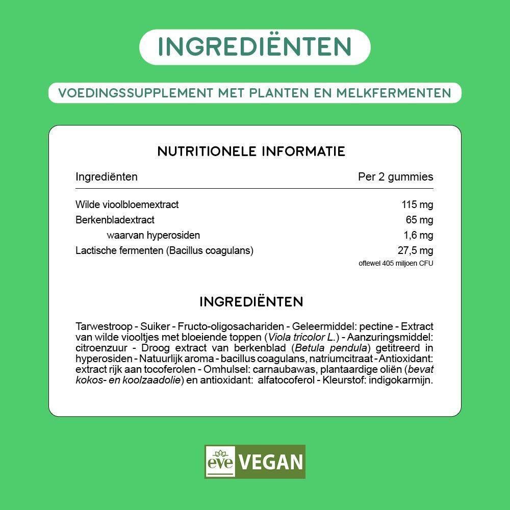 Afbeelding met ingrediënten en voedingswaarde. Groene achtergrond. Eve Vegan logo.