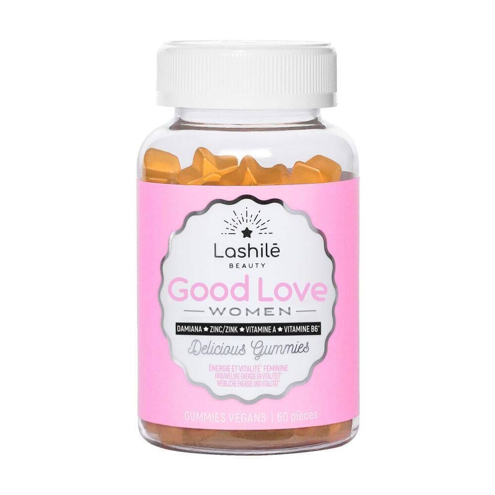 Flacon transparent avec étiquette rose. Contient des gummies jaunes. Inscription : Good Love Women, Damiana, Zinc, Vitamine A, B6.