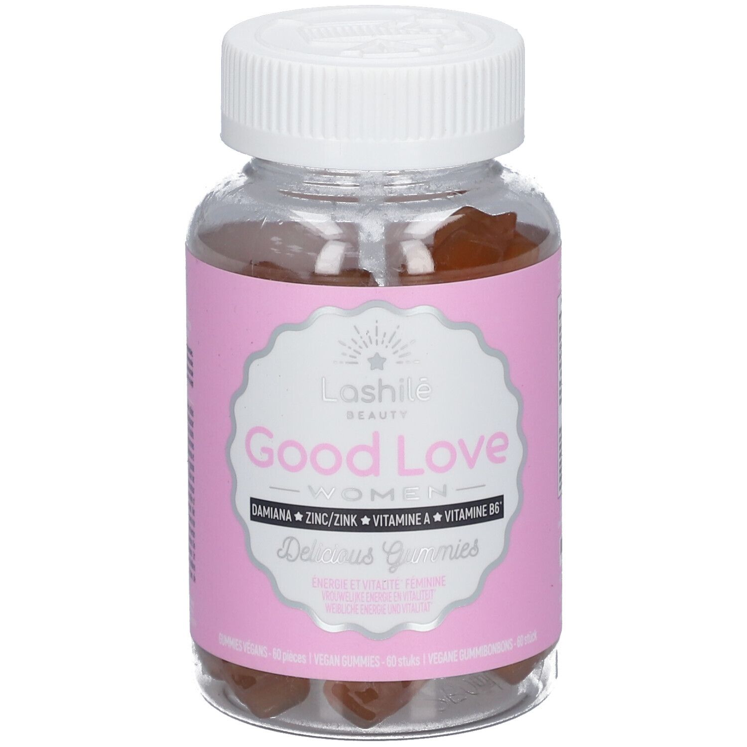 Flacon transparent avec étiquette rose. Contient des gummies bruns. Inscription : Good Love Women, Damiana, Zinc, Vitamine A, B6.
