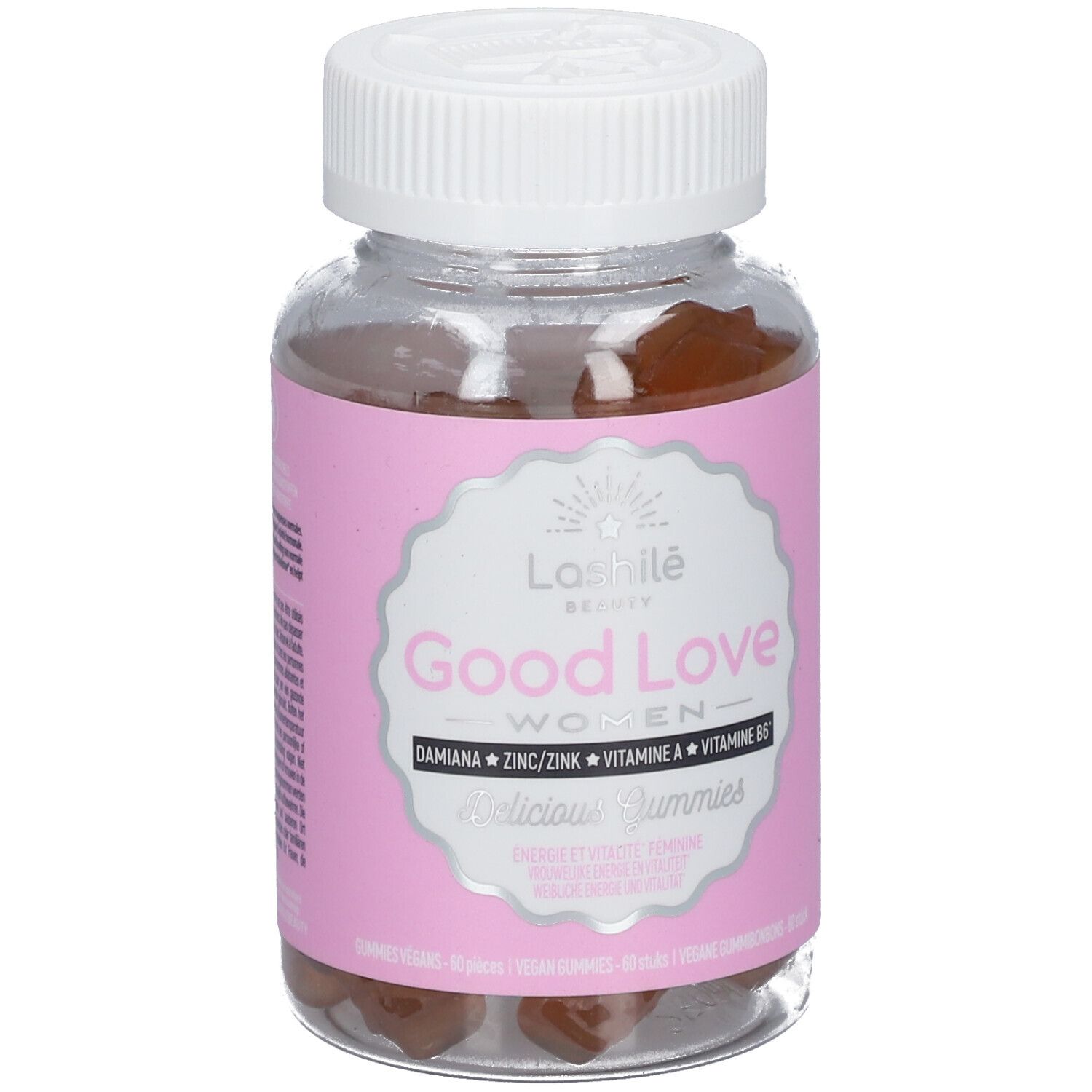 Flacon transparent avec étiquette rose. Contient des gummies bruns. Inscription : Good Love Women, Damiana, Zinc, Vitamine A, B6.