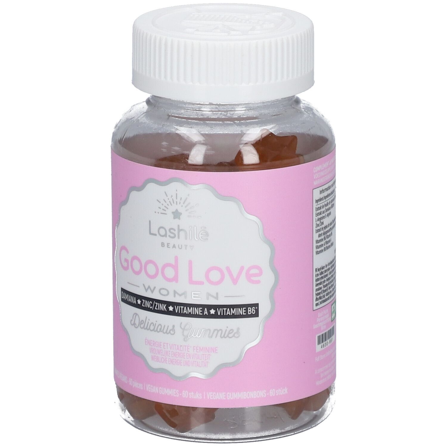 Flacon transparent avec étiquette rose. Contient des gummies bruns. Inscription : Good Love Women, Damiana, Zinc, Vitamine A, B6.