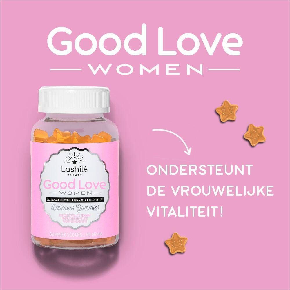 Productafbeelding met fles en ster gummies. Tekst: Ondersteunt de vrouwelijke vitaliteit!