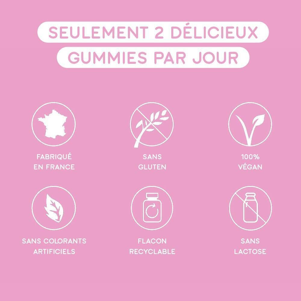 Affichage texte et icônes. Texte : Seulement 2 délicieux gummies par jour. Icônes : Fabriqué en France, sans gluten, 100% végan.