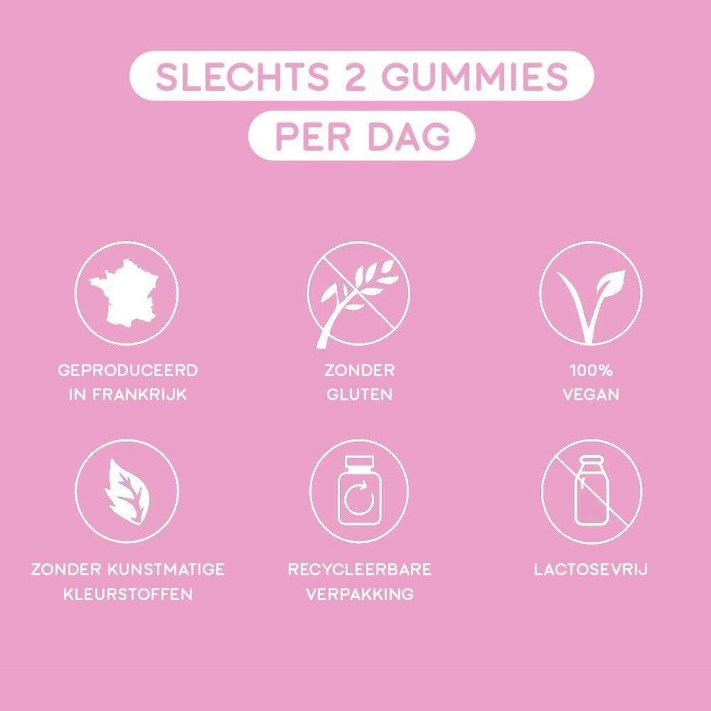 Tekst- en pictogramweergave. Tekst: Slechts 2 gummies per dag. Pictogrammen: Geproduceerd in Frankrijk, zonder gluten, 100% vegan.