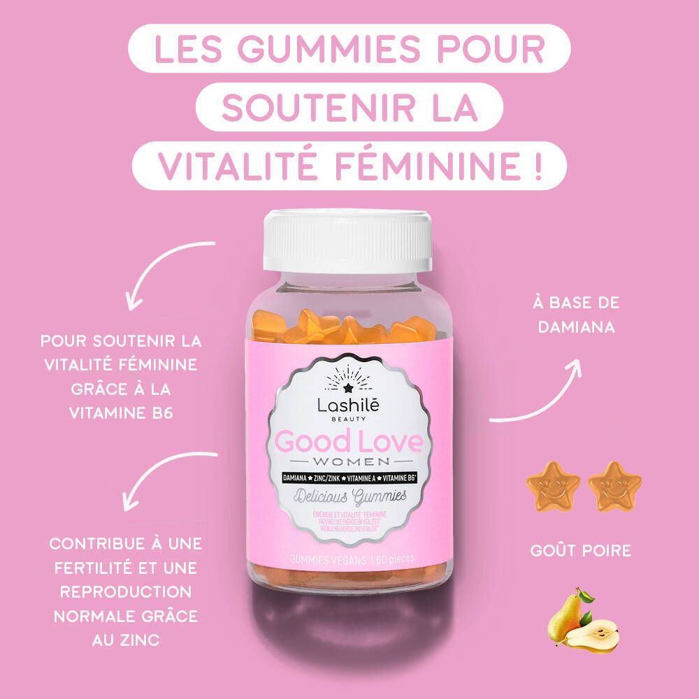 Image produit avec flacon et gummies étoiles. Texte : Les gummies pour soutenir la vitalité féminine!