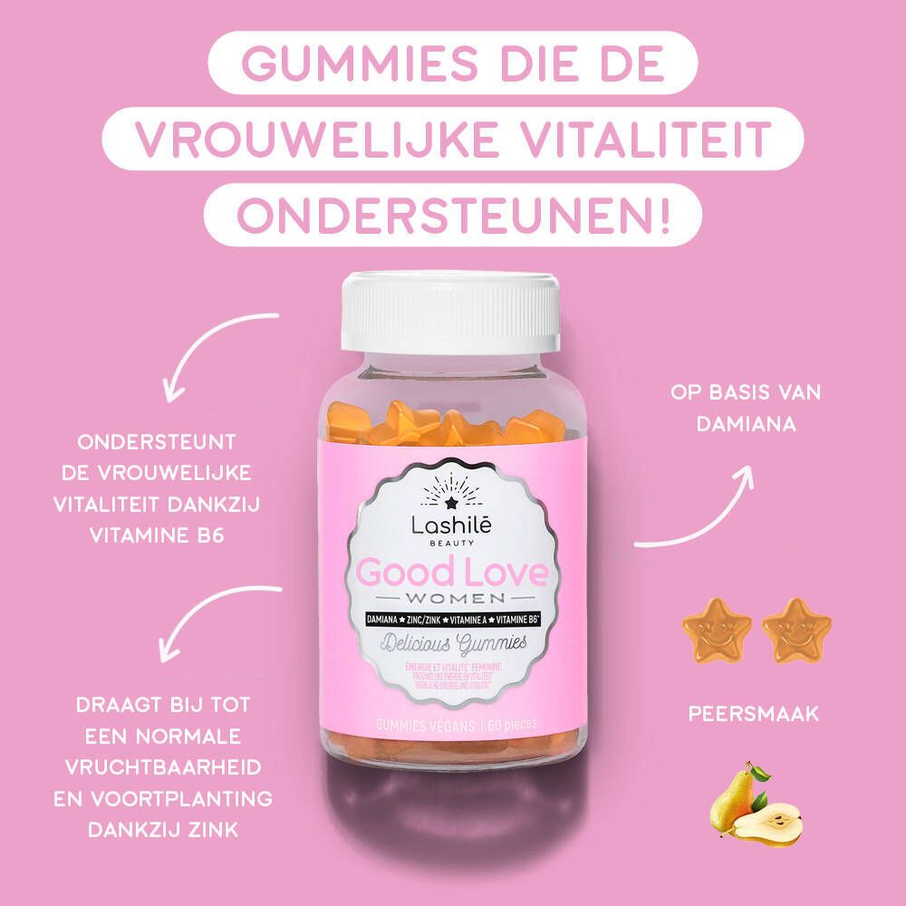 Productafbeelding met fles en ster gummies. Tekst: Gummies die de vrouwelijke vitaliteit ondersteunen!