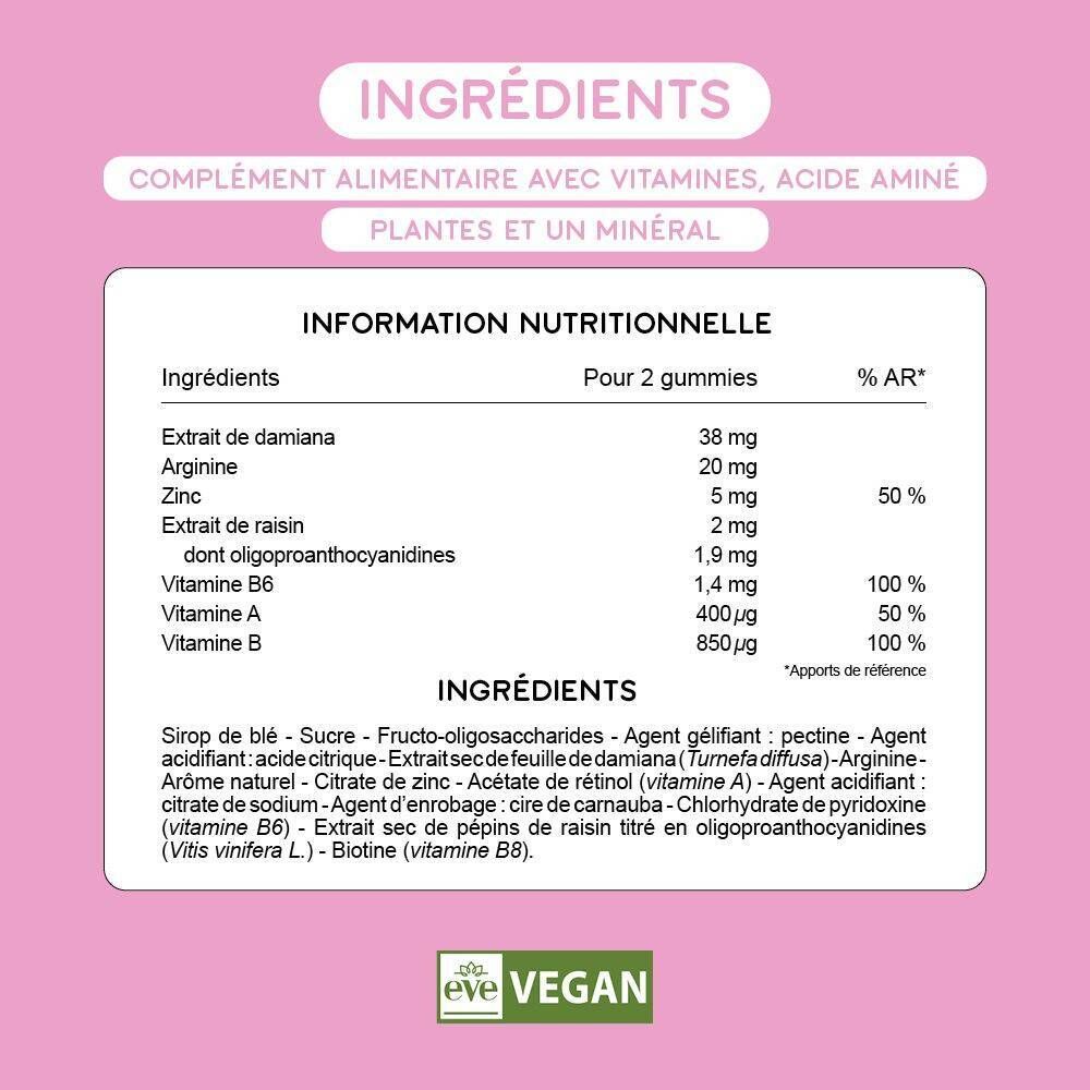 Affichage texte et icônes. Texte : Ingrédients. Complément alimentaire avec vitamines, acide aminé, plantes et un minéral.