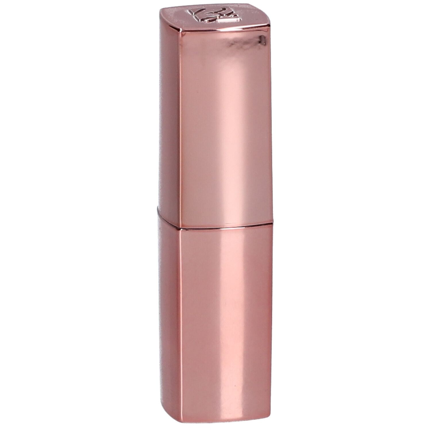 Rosafarbener Lippenstift in länglicher, rechteckiger Form. Oberseite mit Logo. Glänzende Oberfläche.