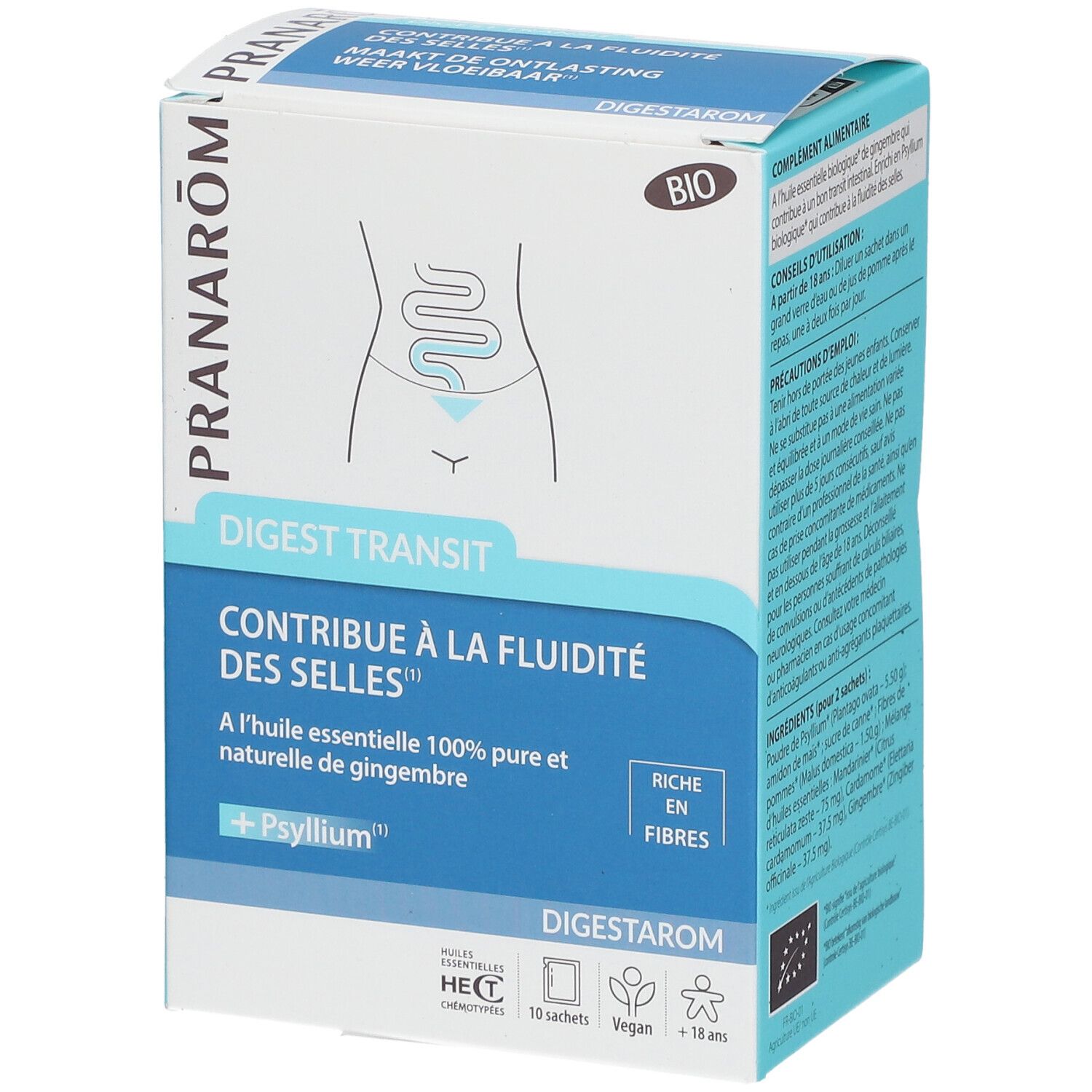 Karton mit Produktnamen und Logo. Enthält 10 Sachets. Mit Bio-Siegel und Text in Französisch und Niederländisch.