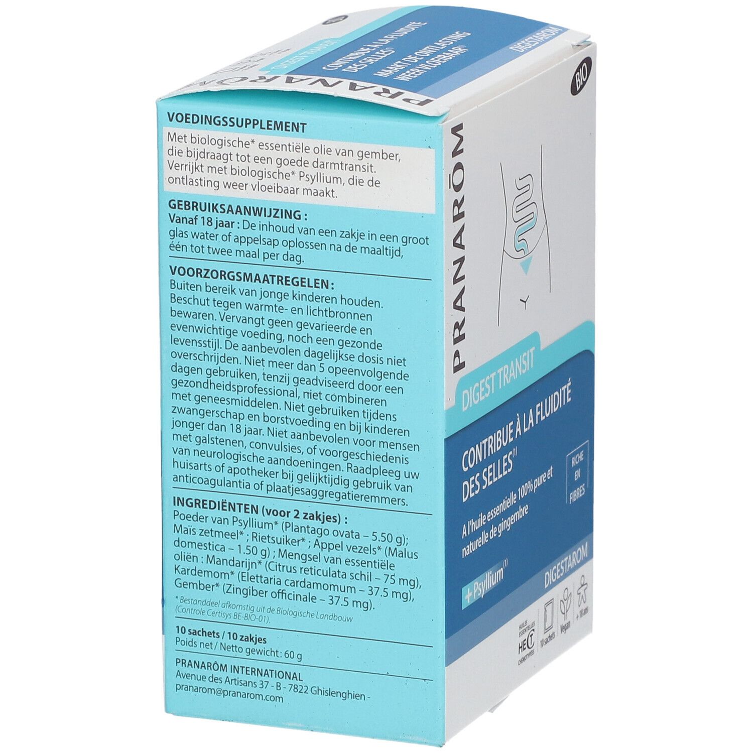 Produktverpackung mit Text in Niederländisch. Enthält Informationen zu Inhaltsstoffen und Anwendung. Mit Bio-Siegel.