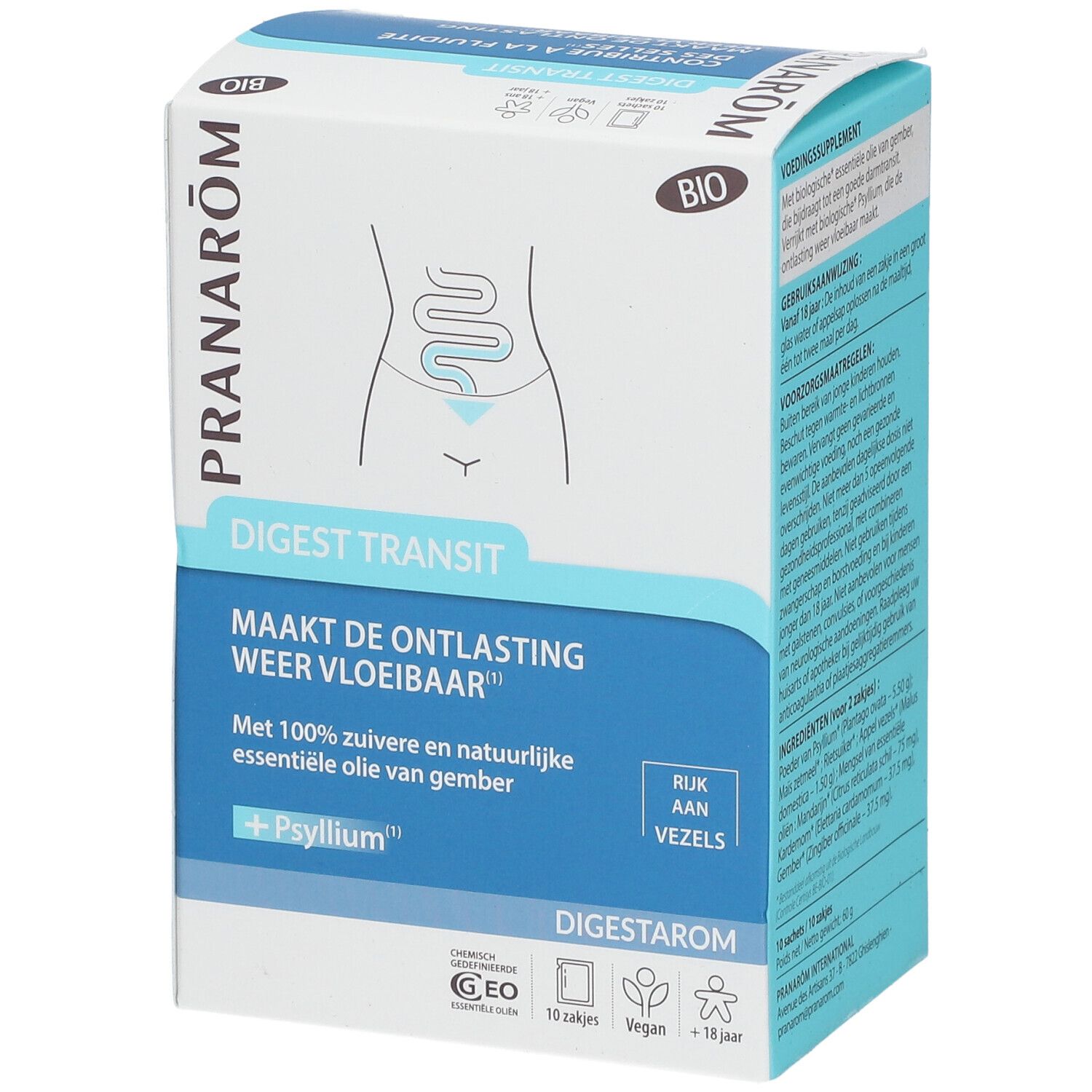 Karton mit Produktnamen und Logo. Enthält 10 Sachets. Mit Bio-Siegel und Text in Niederländisch.