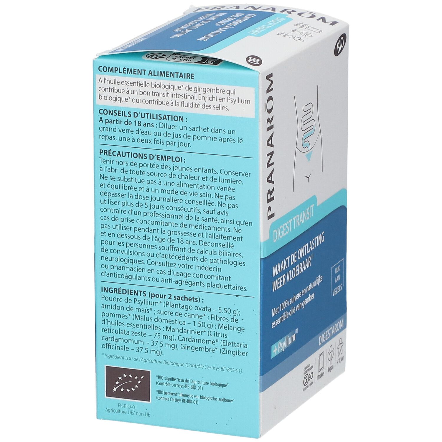 Produktverpackung mit Text in Französisch. Enthält Informationen zu Inhaltsstoffen und Anwendung. Mit Bio-Siegel.