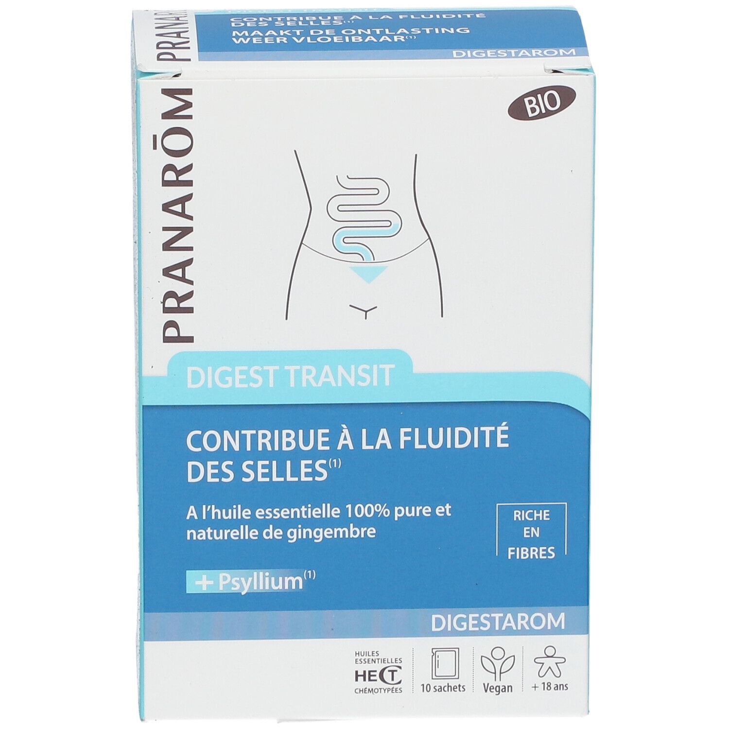Karton mit Produktnamen und Logo. Enthält 10 Sachets. Mit Bio-Siegel und Text in Französisch und Niederländisch.