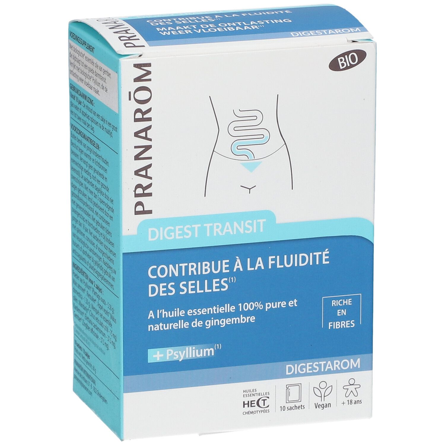 Karton mit Produktnamen und Logo. Enthält 10 Sachets. Mit Bio-Siegel und Text in Französisch und Niederländisch.