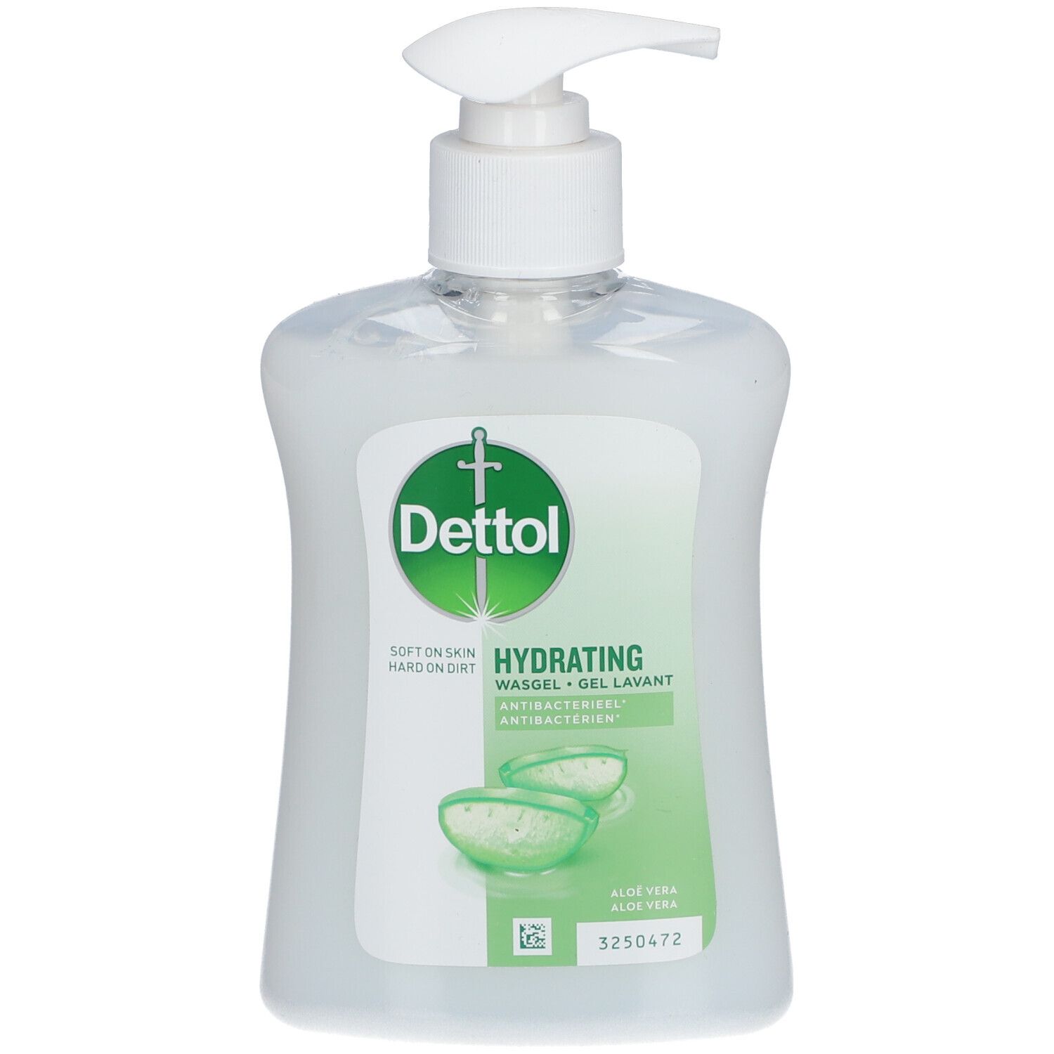Dettol Hydrating Wasgel met Aloë Vera. Witte fles met pomp. Groen-wit etiket met productnaam en afbeelding van aloë vera.