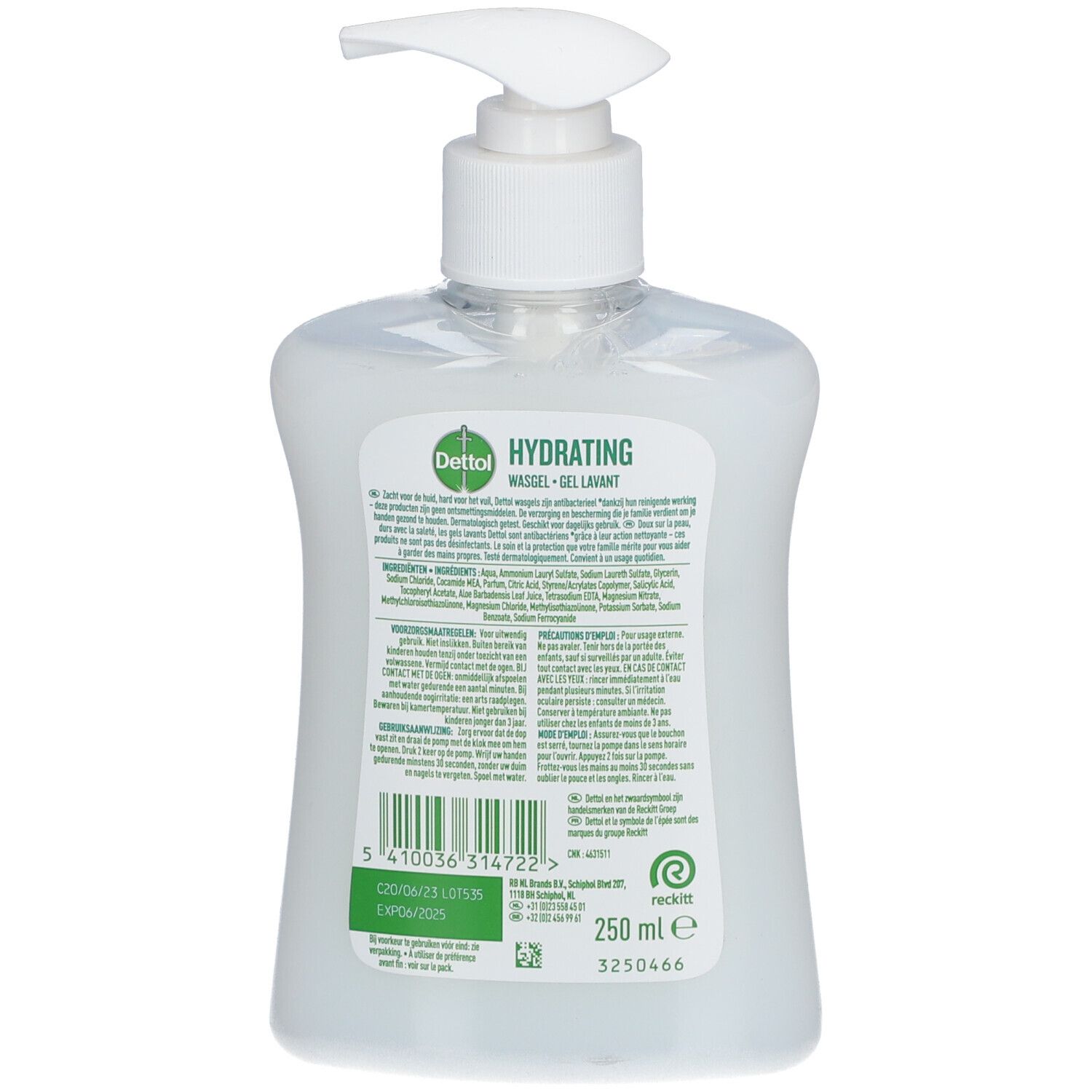 Achterkant van de Dettol Hydrating Wasgelfles. Bevat tekstinformatie in meerdere talen. Volume-aanduiding: 250 ml.