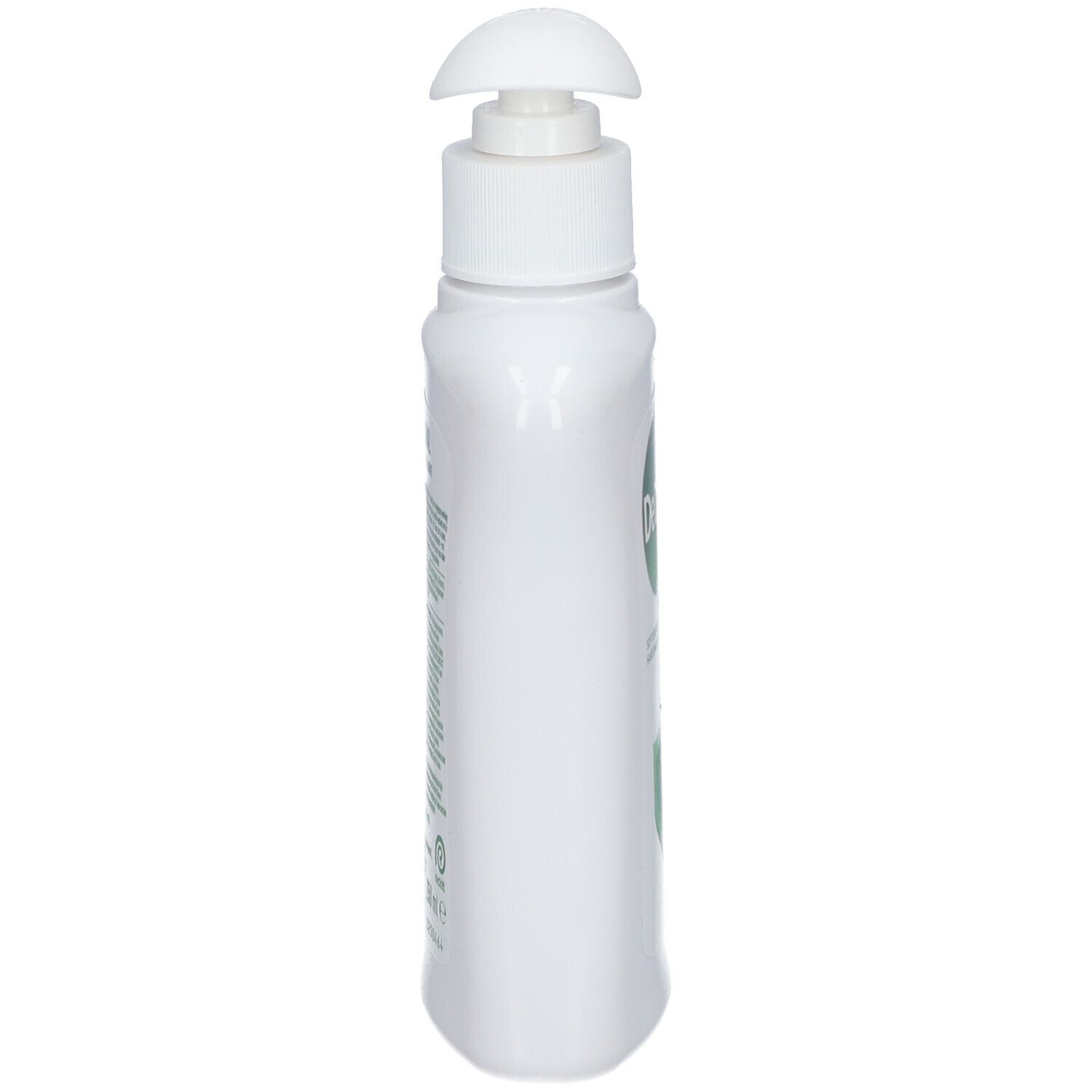 Witte fles met pomp. Zijaanzicht. Etiket met tekst. Dettol-logo. Antibacteriële gel.