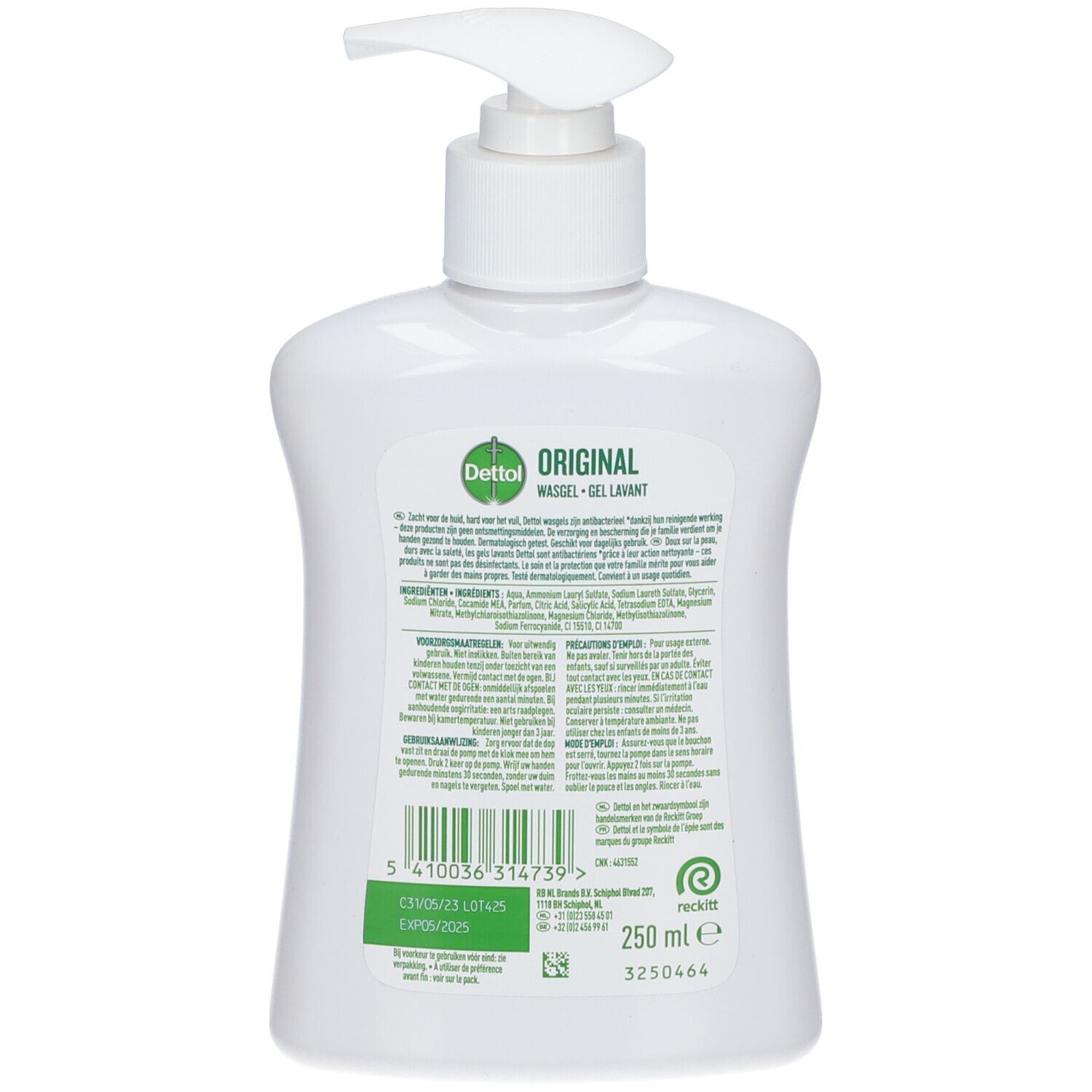 Achterkant van een witte fles met pomp. Tekstlabel. Dettol-logo. Antibacteriële gel. 250 ml.