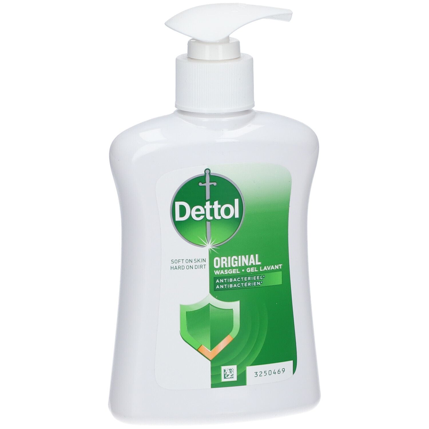 Witte dispenser met pomp. Etiket met Dettol-logo, groene achtergrond en tekst Original. Antibacteriële gel.