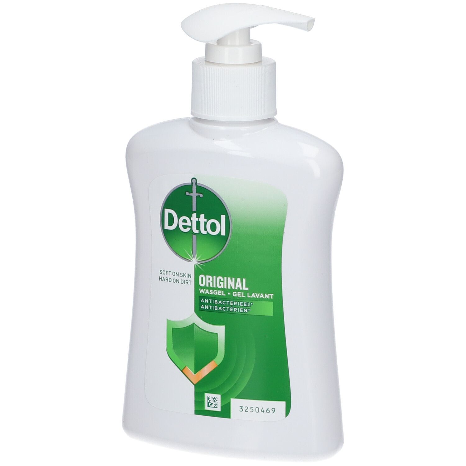 Witte dispenser met pomp. Etiket met Dettol-logo, groene achtergrond en tekst Original. Antibacteriële gel.