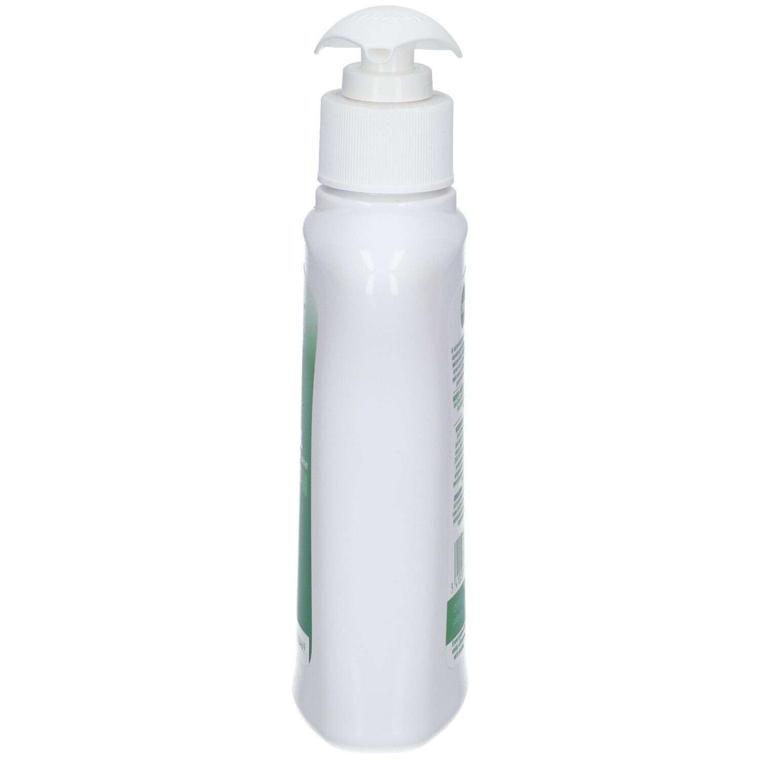 Witte fles met pomp. Zijaanzicht. Etiket met tekst. Dettol-logo. Antibacteriële gel.