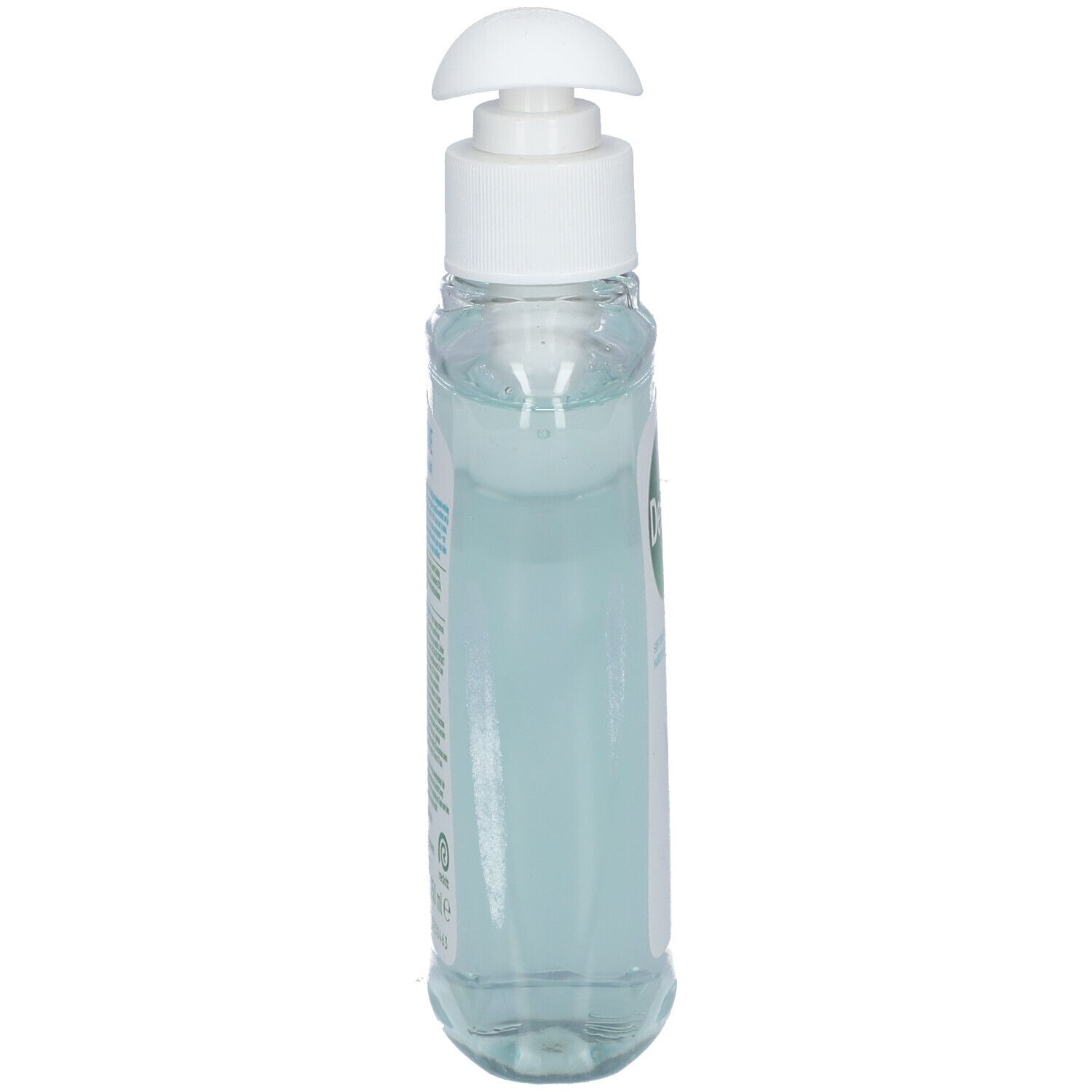 Smalle, transparante fles met witte pomp. Productnaam op etiket. Antibacteriële wasgel.
